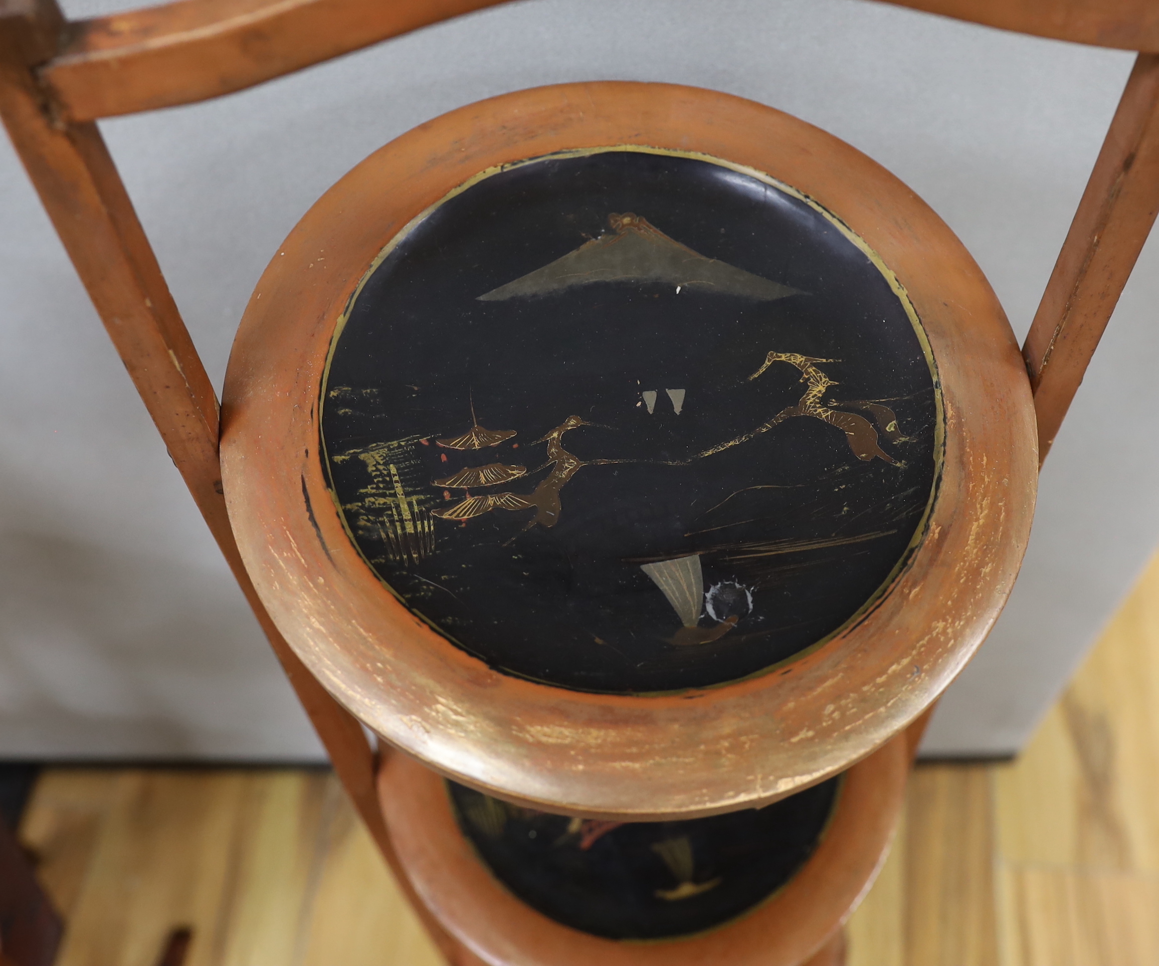 Two chinoiserie lacquer cake stands, a large lacquer tray, a quantity of boxes, blotters, an ink stand, tins etc